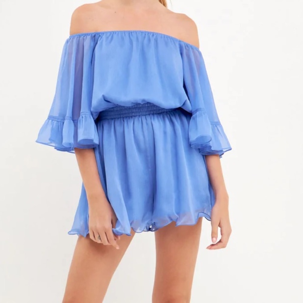 ENDLESS ROSE Yellow Off Shoulder Ruffle Shorts Romper - Picture 6 of 16